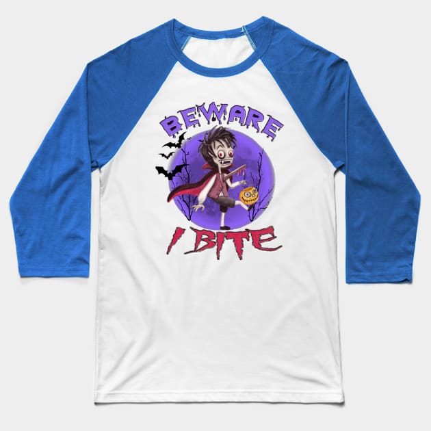 Beware I Bite Halloween Dracula Vampire Baseball T-Shirt by Kribis